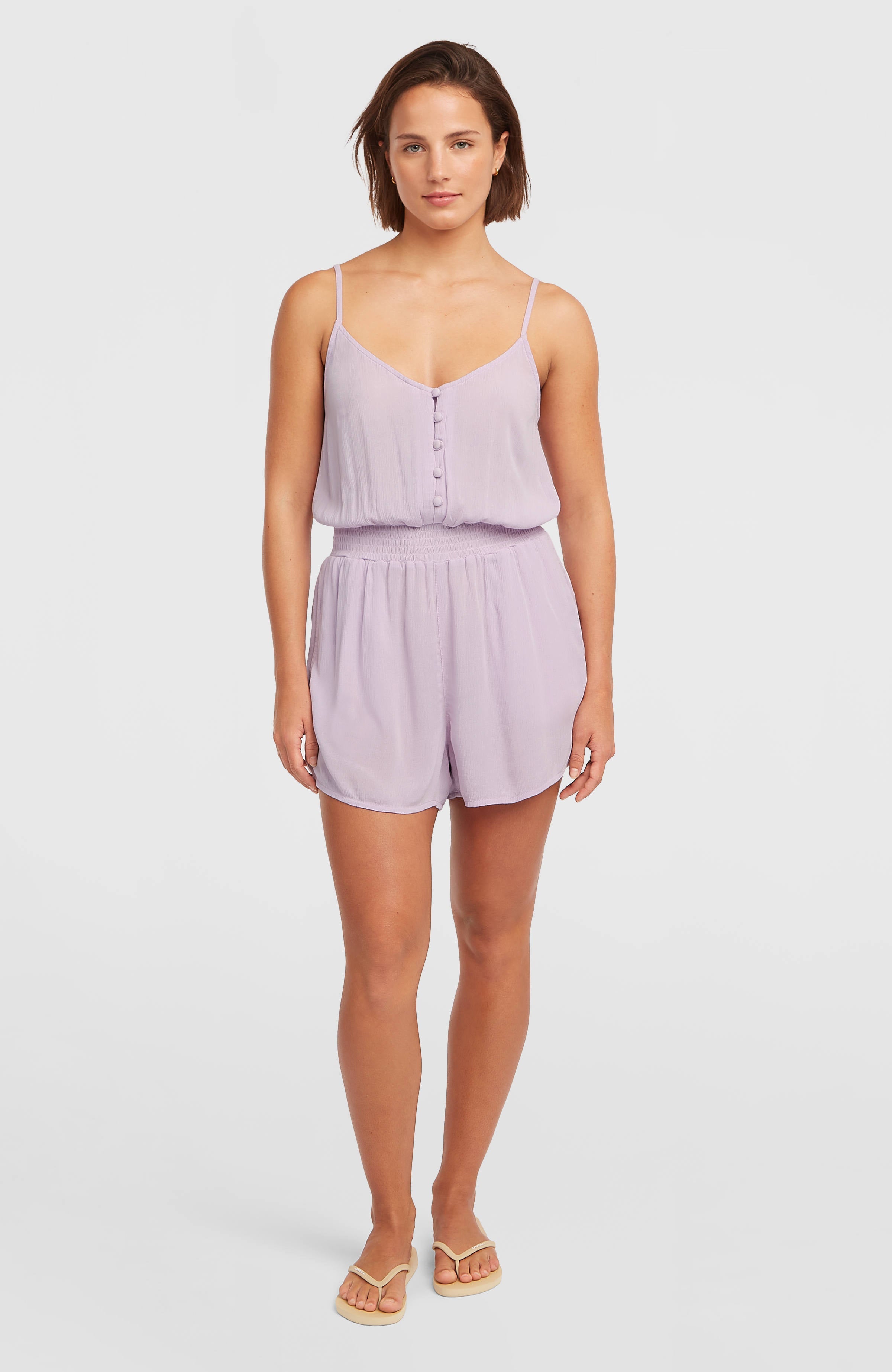 Thin Strap Buttoned Romper Pale Lavender
