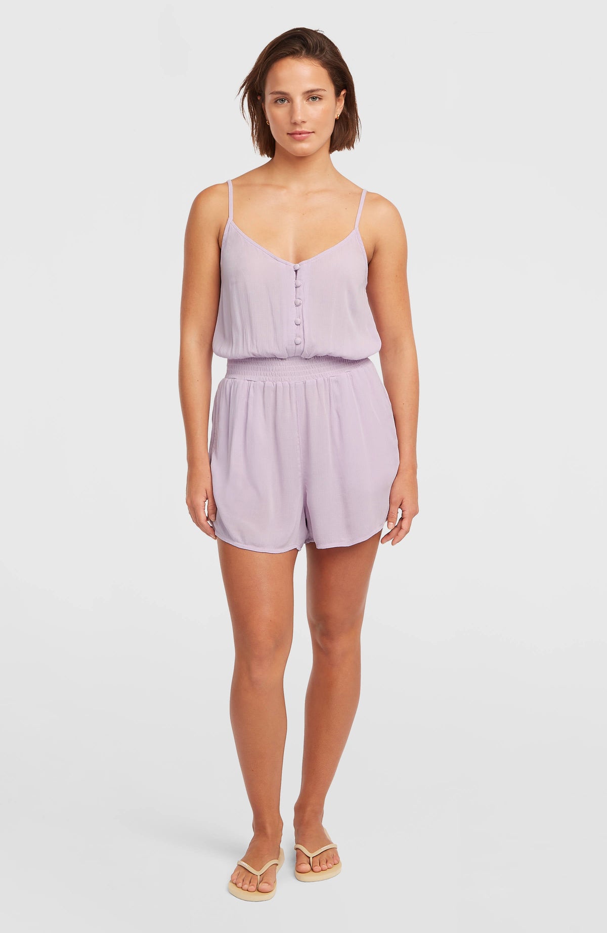 Thin Strap Buttoned Romper Pale Lavender