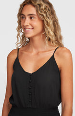 Thin Strap Buttoned Romper Black Out